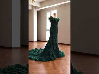 Off-Shoulder Feather Trim Pearl Beaded Mermaid Wedding Gown with Ruffled Hem