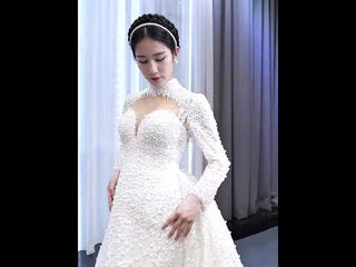 Long Sleeve High O Neck Pearl Wedding Dress with Overskirt
