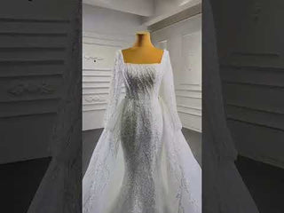 Square Neck Long Sleeve Wedding Dress with Detachable Train