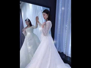 Square Neck Long Sleeve Wedding Dress with Detachable Train