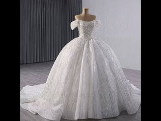 Organza Ball Gown Off the Shoulder Wedding Dress with Boat Neck