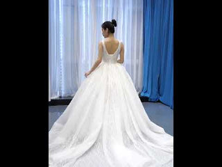 Sparkly Lace Wedding Dress V-neck Beaded Ball Gown with Low Back