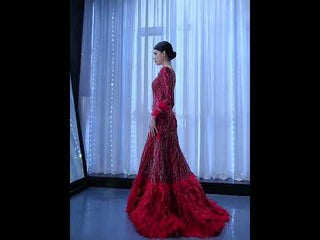 Burgundy Long Sleeves Feathers Evening Gown Square Neck Beaded Prom Dress