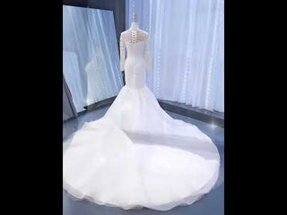 Beaded Sheer Neck Mermaid Wedding Dresses with Long Sleeves