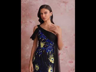 Classic One-shoulder Sequin Party Dress with Peacock Pattern design