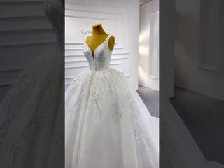 Sparkly Lace Wedding Dress V-neck Beaded Ball Gown with Low Back