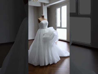 White Strapless Pleated Tulle Ball Gown Wedding Dress with Sculptural Layered Ruffle & Train