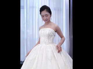 Beaded Strapless Lace Ball Gown Puffy Wedding Dress