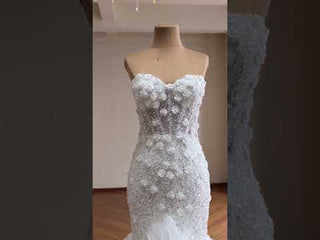 Sweetheart Pearl & Sequin Mermaid Wedding Dress with 3D Floral & Ruffle Train