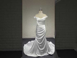 Simple Pleated Satin Mermaid Wedding Dress with Off the Shoulder