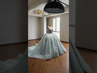 Ice Blue Off Shoulder Beaded Corset Ball Gown Quinceañera Dress with Oversized Back Bow & Train