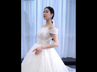 Off the Shoulder Sparkly Pearl Beaded Wedding Dress with High Back