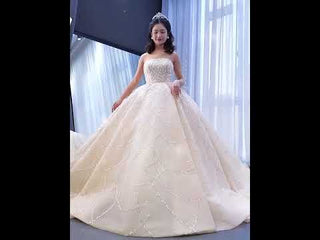 Strapless Beaded Champagne Ball Gown Wedding Dress