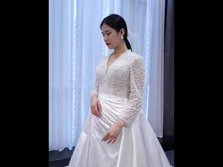 Keyhole Back Modest V-neck Pearl Satin Wedding Dress with Leg Slit