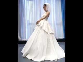 One Shoulder Ball Gown Wedding Dress Lace Appliqued Satin Bridal Gown