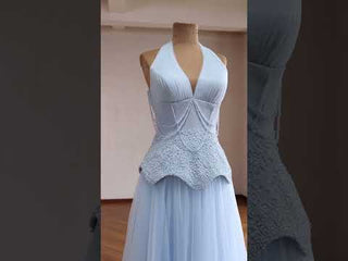 Sky Blue Halter Beaded Corset Tulle Prom Dress Crystal Chain Back Evening Gown