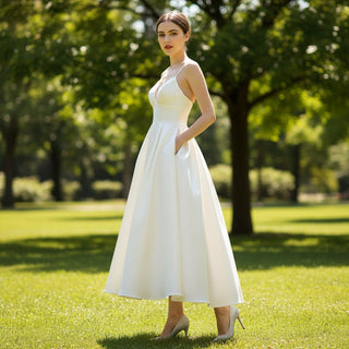 Princess A-line Tea Length Wedding Dress with Spaghetti Straps Champagne / 2
