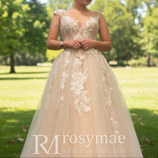 Princess A-line Tulle Lace Wedding Dress with Capped Sleeve - Rosymae