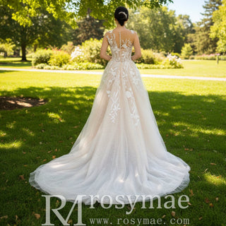 Princess A-line Tulle Lace Wedding Dress with Capped Sleeve - Rosymae