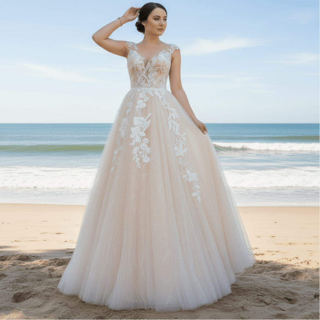 Princess A-line Tulle Lace Wedding Dress with Capped Sleeve - Rosymae