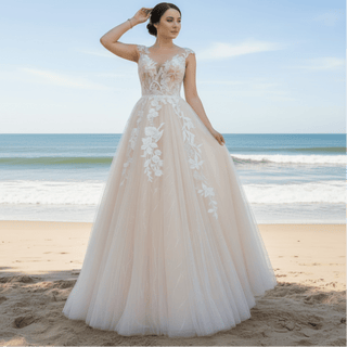 Princess A-line Tulle Lace Wedding Dress with Capped Sleeve - Rosymae