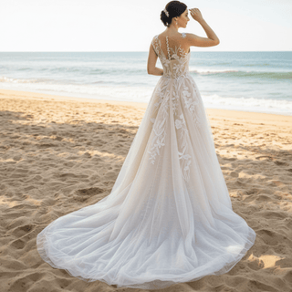 Princess A-line Tulle Lace Wedding Dress with Capped Sleeve - Rosymae