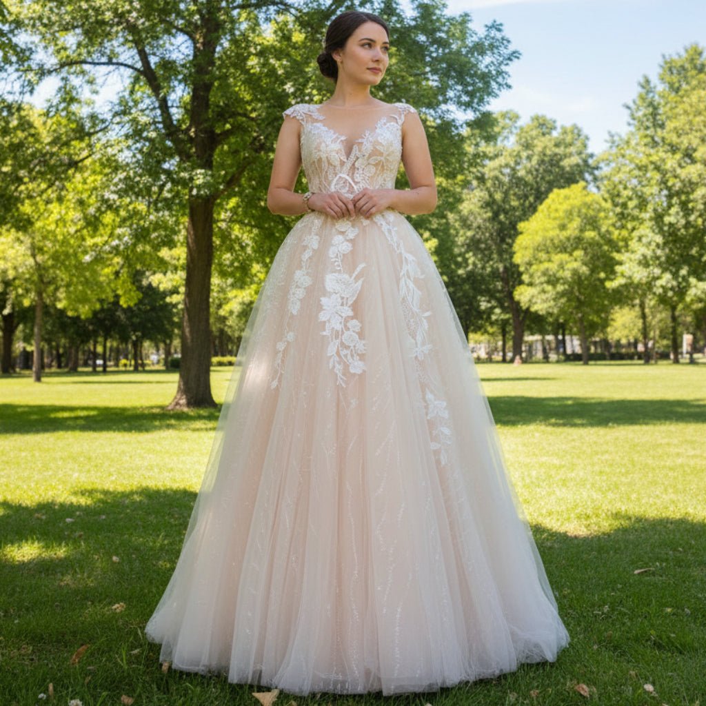 Princess A-line Tulle Lace Wedding Dress with Capped Sleeve - Rosymae