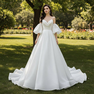 Princess A-line Wedding Dress with Detachable Puff Sleeves - Rosymae