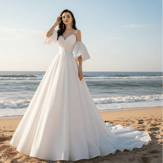Princess A-line Wedding Dress with Detachable Puff Sleeves - Rosymae