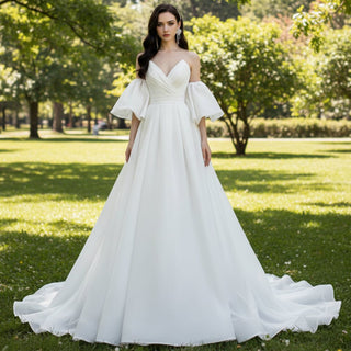 Princess A-line Wedding Dress with Detachable Puff Sleeves - Rosymae