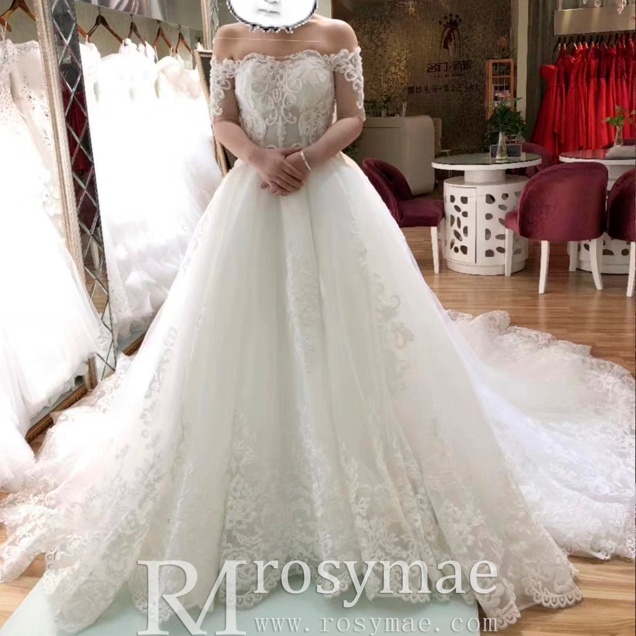 Princess Ball Gown Tulle and Lace Wedding Dress with Short Sleeve - Rosymae