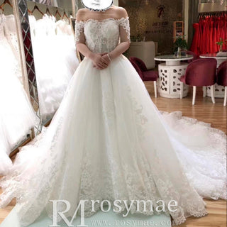 Princess Ball Gown Tulle and Lace Wedding Dress with Short Sleeve - Rosymae