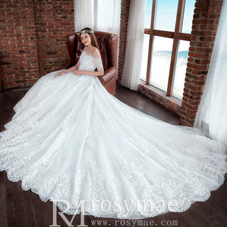 Princess Ball Gown Tulle and Lace Wedding Dress with Short Sleeve - Rosymae