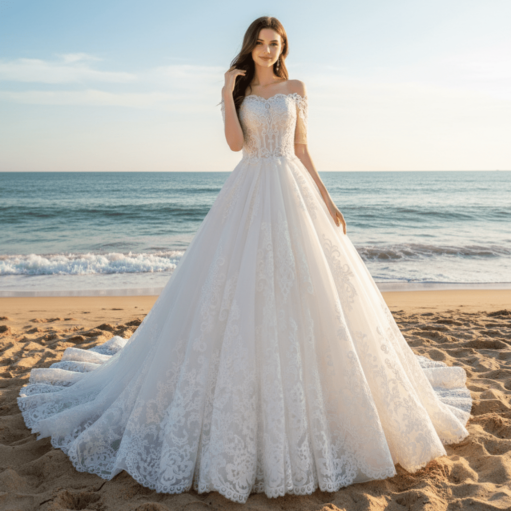 Princess Ball Gown Tulle and Lace Wedding Dress with Short Sleeve - Rosymae