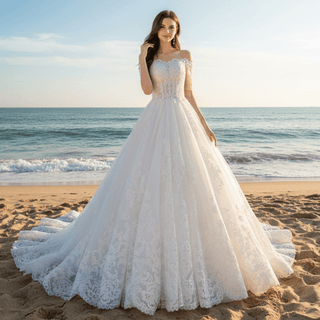 Princess Ball Gown Tulle and Lace Wedding Dress with Short Sleeve - Rosymae