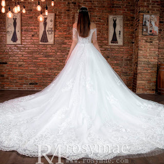Princess Ball Gown Tulle and Lace Wedding Dress with Short Sleeve - Rosymae