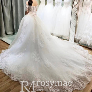 Princess Ball Gown Tulle and Lace Wedding Dress with Short Sleeve - Rosymae