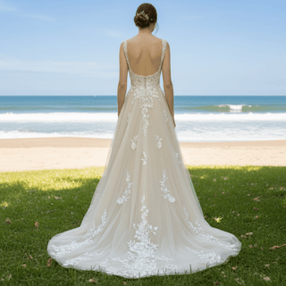 Princess Champagne Tulle Lace A-line Wedding Dress with Vneck - Rosymae