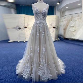 Princess Champagne Tulle Lace A-line Wedding Dress with Vneck - Rosymae