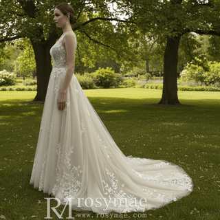 Princess Champagne Tulle Lace A-line Wedding Dress with Vneck - Rosymae