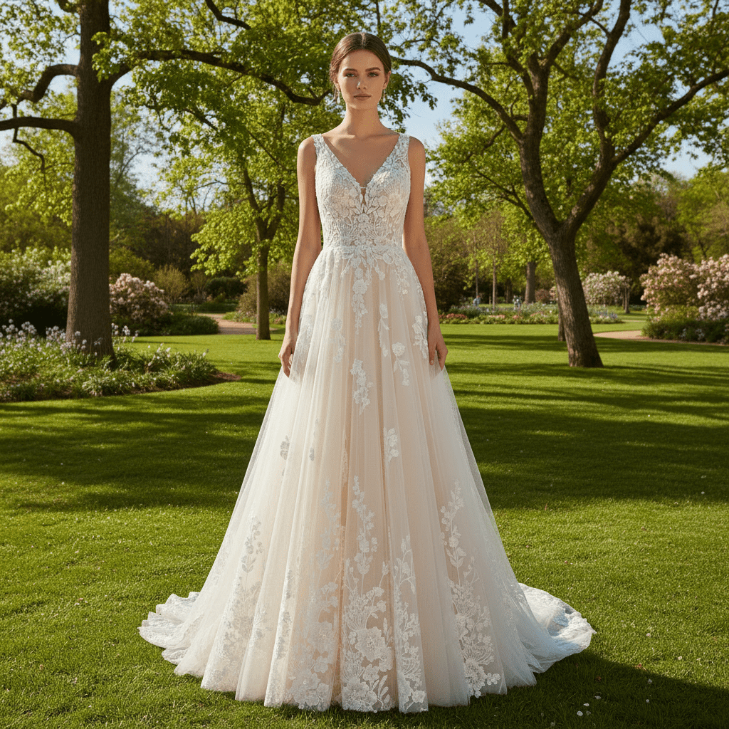 Princess Champagne Tulle Lace A-line Wedding Dress with Vneck - Rosymae