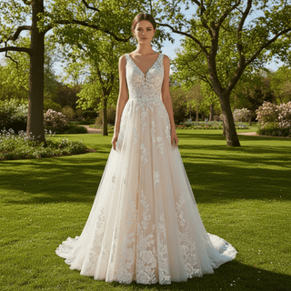 Princess Champagne Tulle Lace A-line Wedding Dress with Vneck - Rosymae