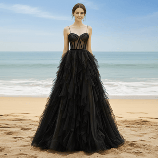 ‎Princess Chapel Train Black A-line Wedding Dress - Rosymae