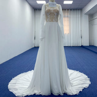 Scoop Neckline Chiffon A-line Wedding Dress with Flowy Sleeve