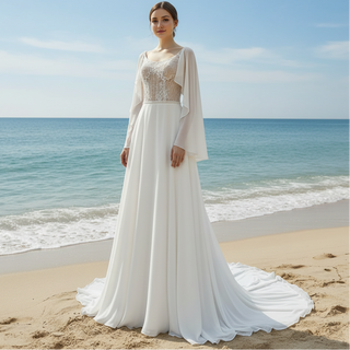 Scoop Neckline Chiffon A-line Wedding Dress with Flowy Sleeve