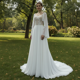 Scoop Neckline Chiffon A-line Wedding Dress with Flowy Sleeve Rosymae Scoop Neckline Chiffon A-line Wedding Dress with Flowy Sleeve Rosymae