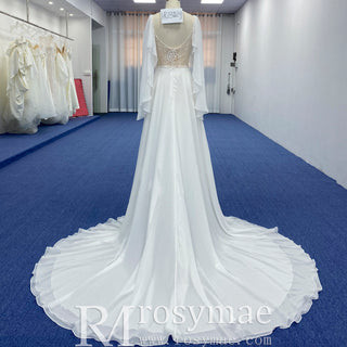 Scoop Neckline Chiffon A-line Wedding Dress with Flowy Sleeve