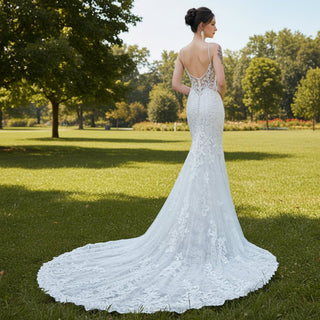 Princess Fit Flare Lace Vneck Wedding Dress with Spaghetti Strap - Rosymae