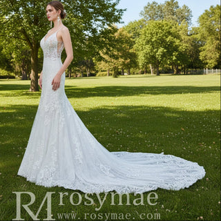 Princess Fit Flare Lace Vneck Wedding Dress with Spaghetti Strap - Rosymae
