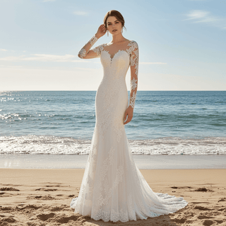 Princess Fit Flare Lace Wedding Dress with Long Sleeve - Rosymae